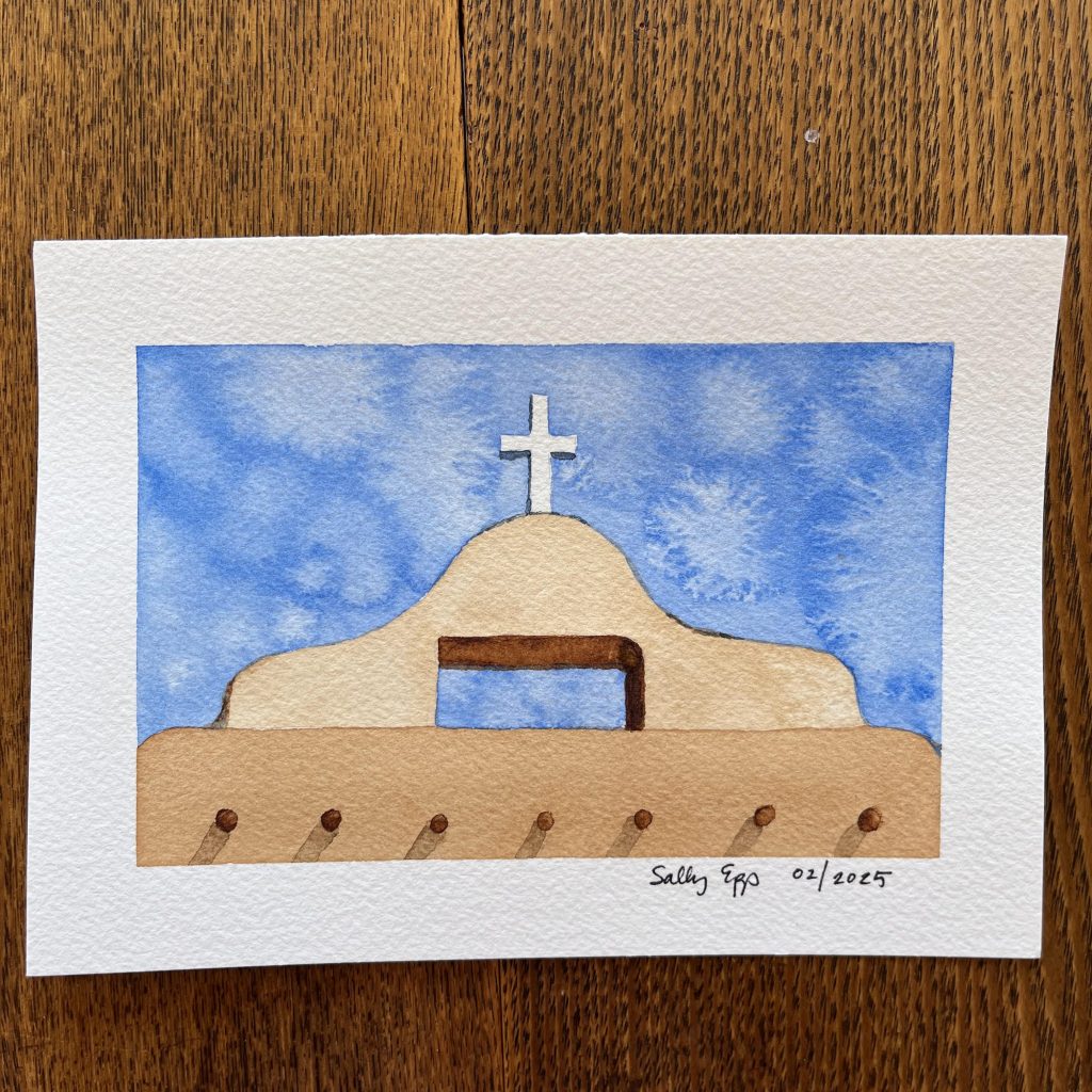 watercolor painting of an adobe church by Sally Epp