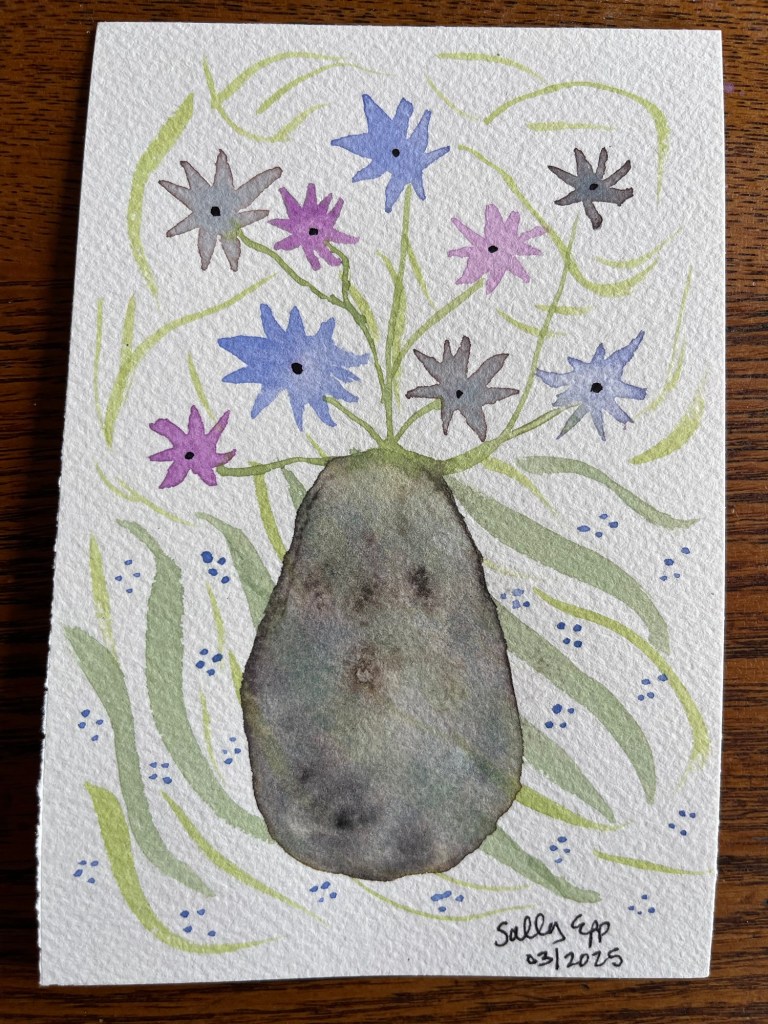 Abstract watercolor painting of a rock, some star shaped flowers and green grass
