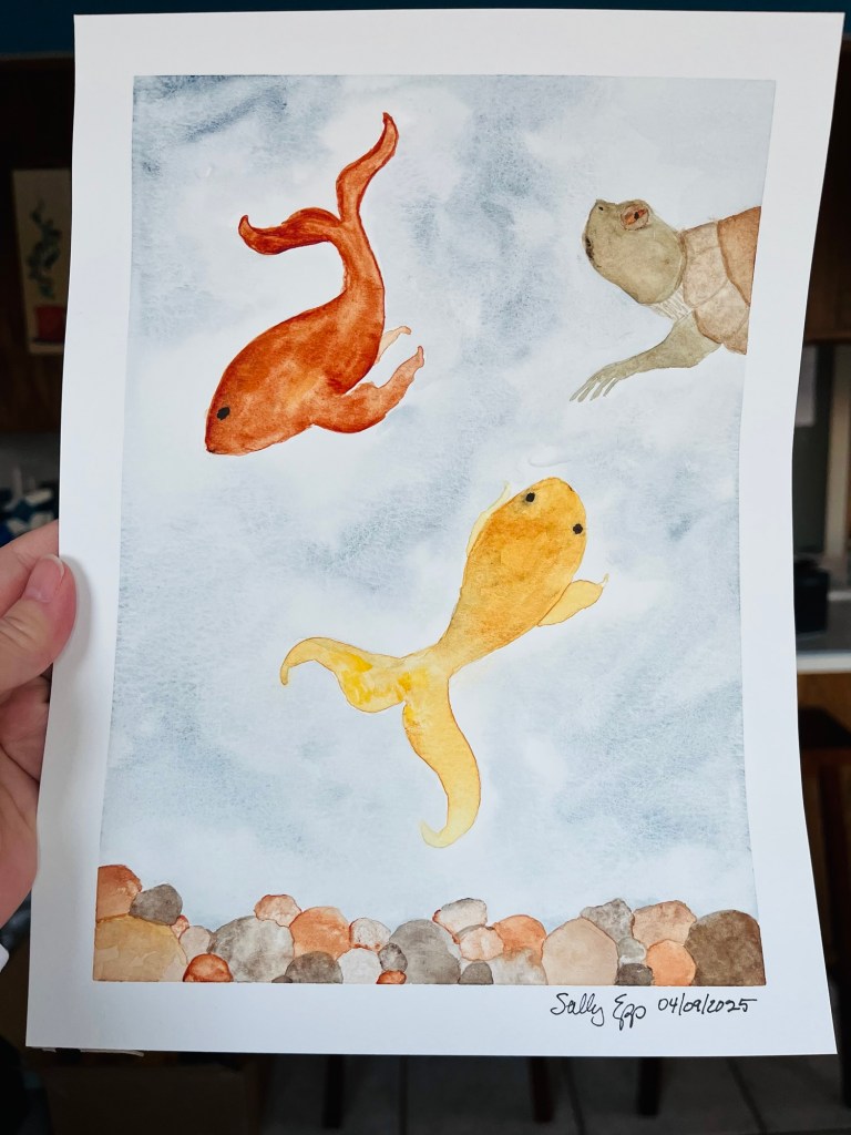 Watercolor painting of a 2 goldfish and a turtle in a pond with gravel